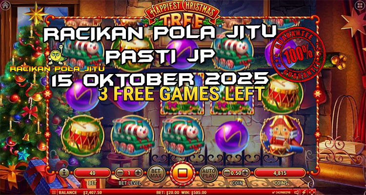Tabel strategi Racikan Pola Jitu Rajaslot Game Happiest Christmas Tree 15 Oktober 2025 dengan pola pohon Natal.